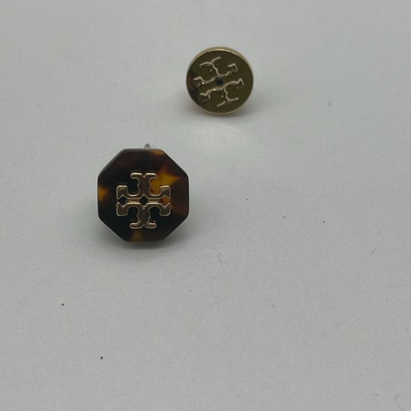 Tory Burch Octagon Brown Mixed Stone and Gold Signature Stud Earrings - Picture 7 of 9